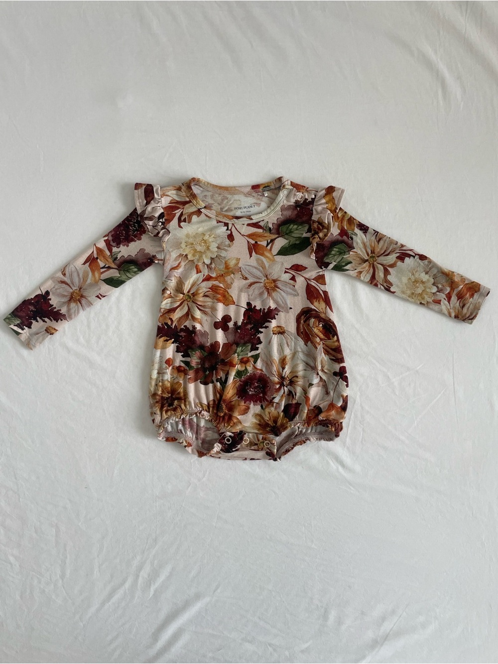 Posh Peanut Floral Ruffle One-Piece - Cream, Brown & Mustard 6-12M (VGUC)